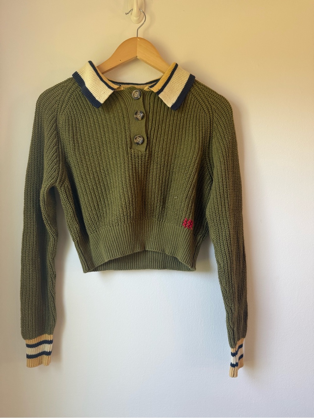 BDG Olive Green Knit Polo Cardigan with Cream & Navy Trim